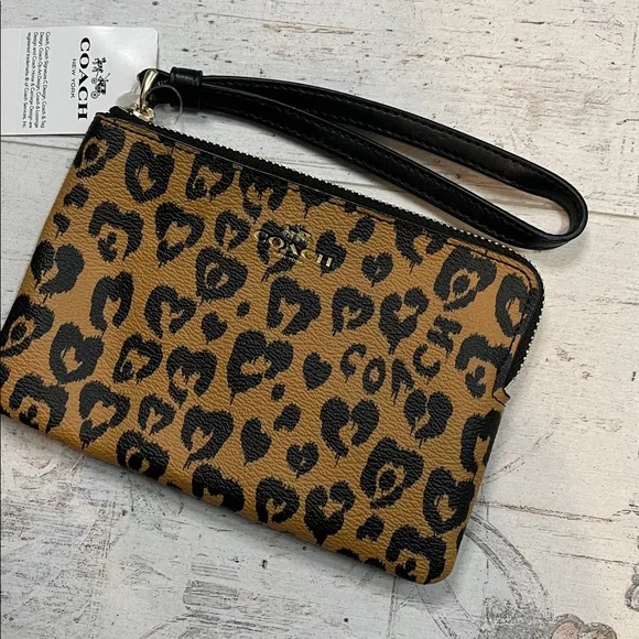 Coach Heart Animal Print Wristlet in Brown and Black - Picture 3 of 7